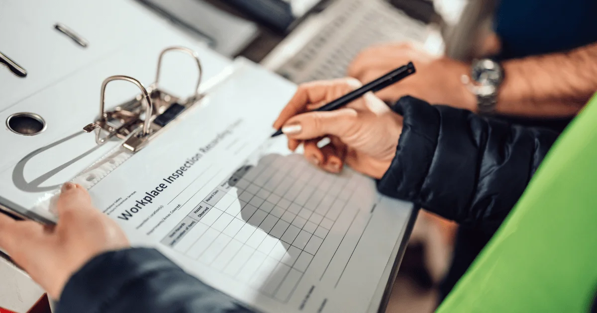 Regulation and Compliance in the Industrial Hygiene and Workplace Safety industries, workers with a inspection checklist Regulation and Compliance in the Industrial Hygiene and Workplace Safety industries, workers with a inspection checklist