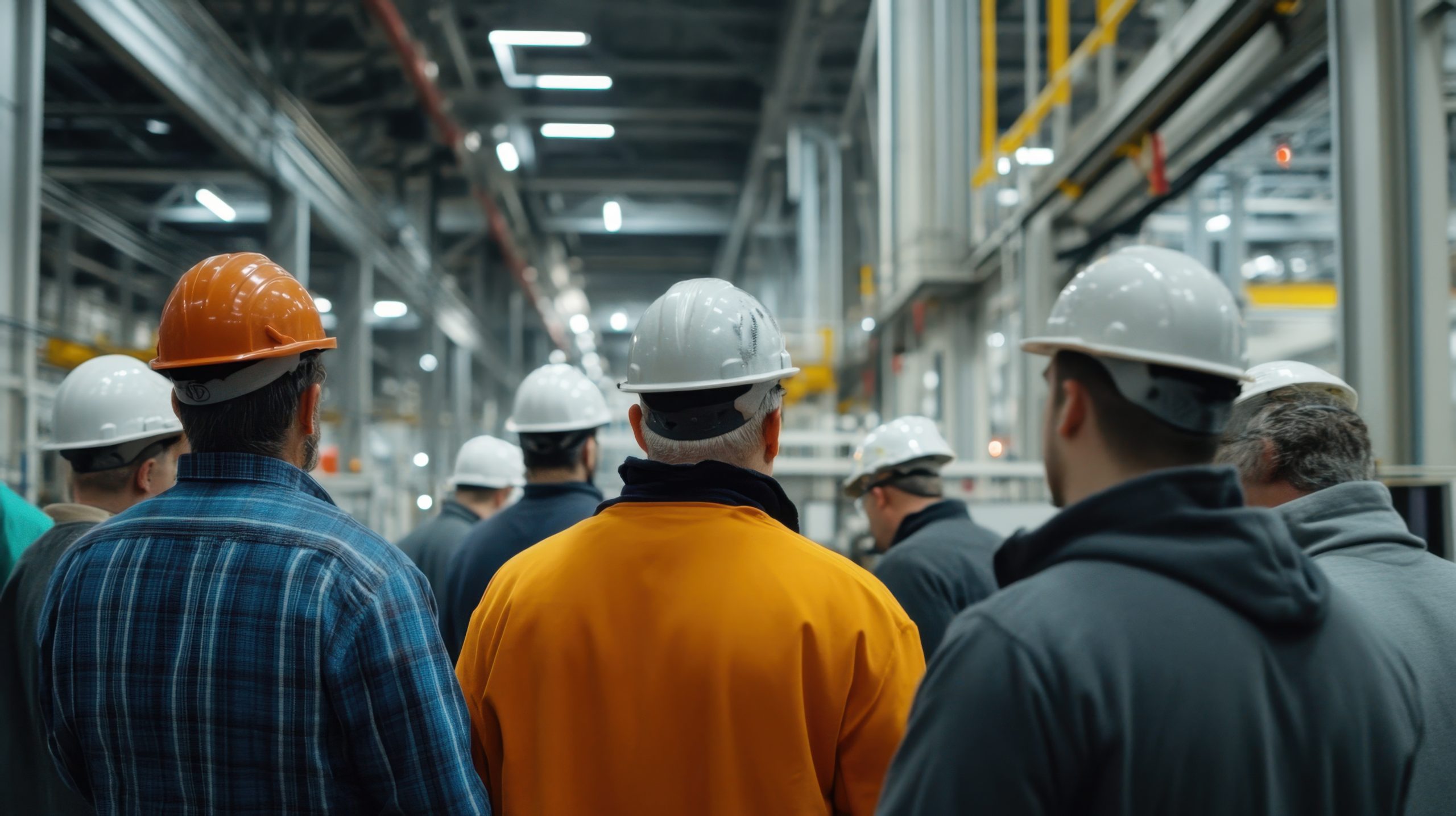 Group of workers in protective helmets observing manufacturing process in modern industrial facility during safety training session in factory environment Facility Turnaround Best Practices