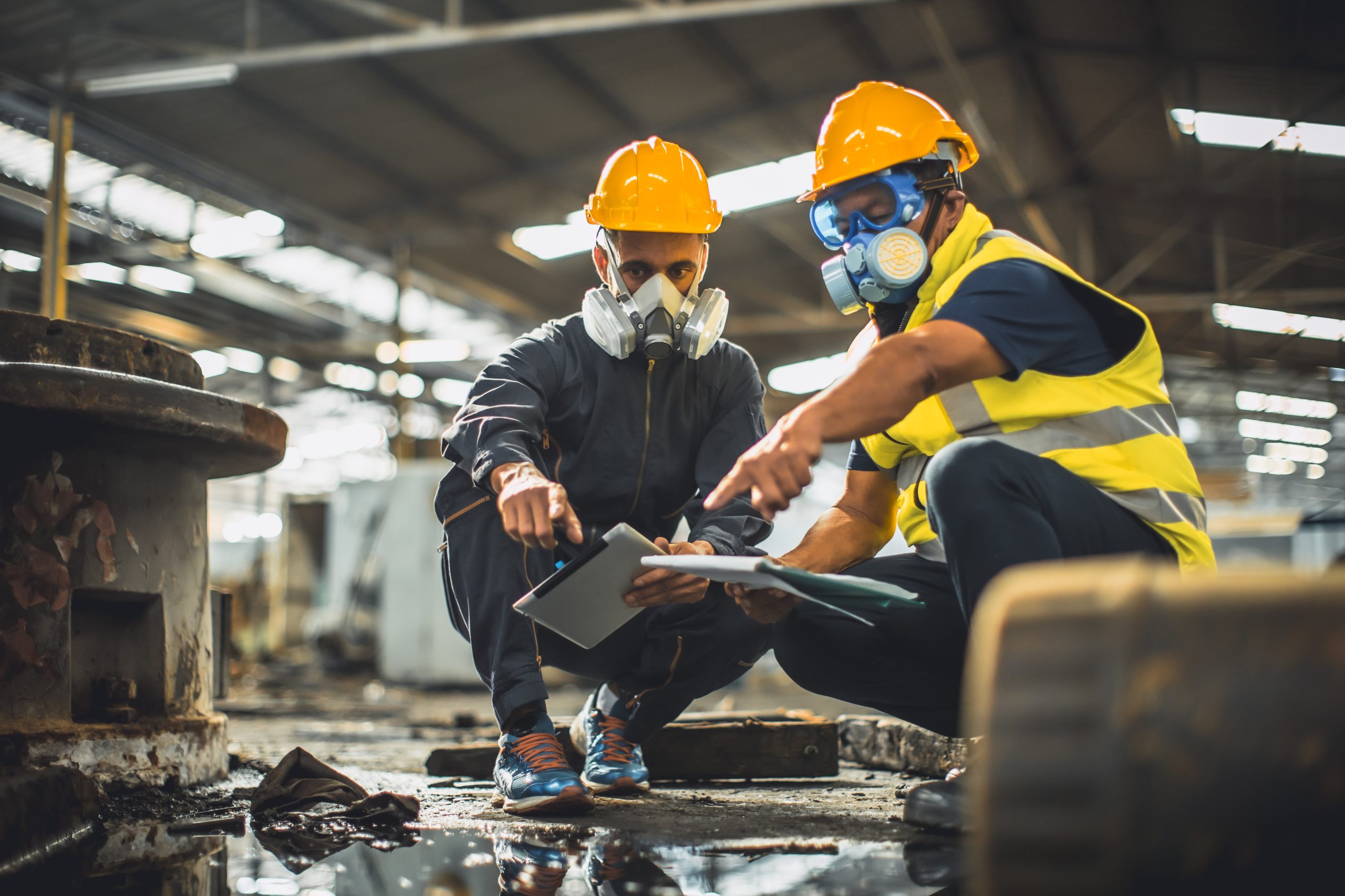 Toxic chemical gas leak safety team working cleaning in danger factory workshop environment contamination safety and protection On-Site & Flexible Fit Testing