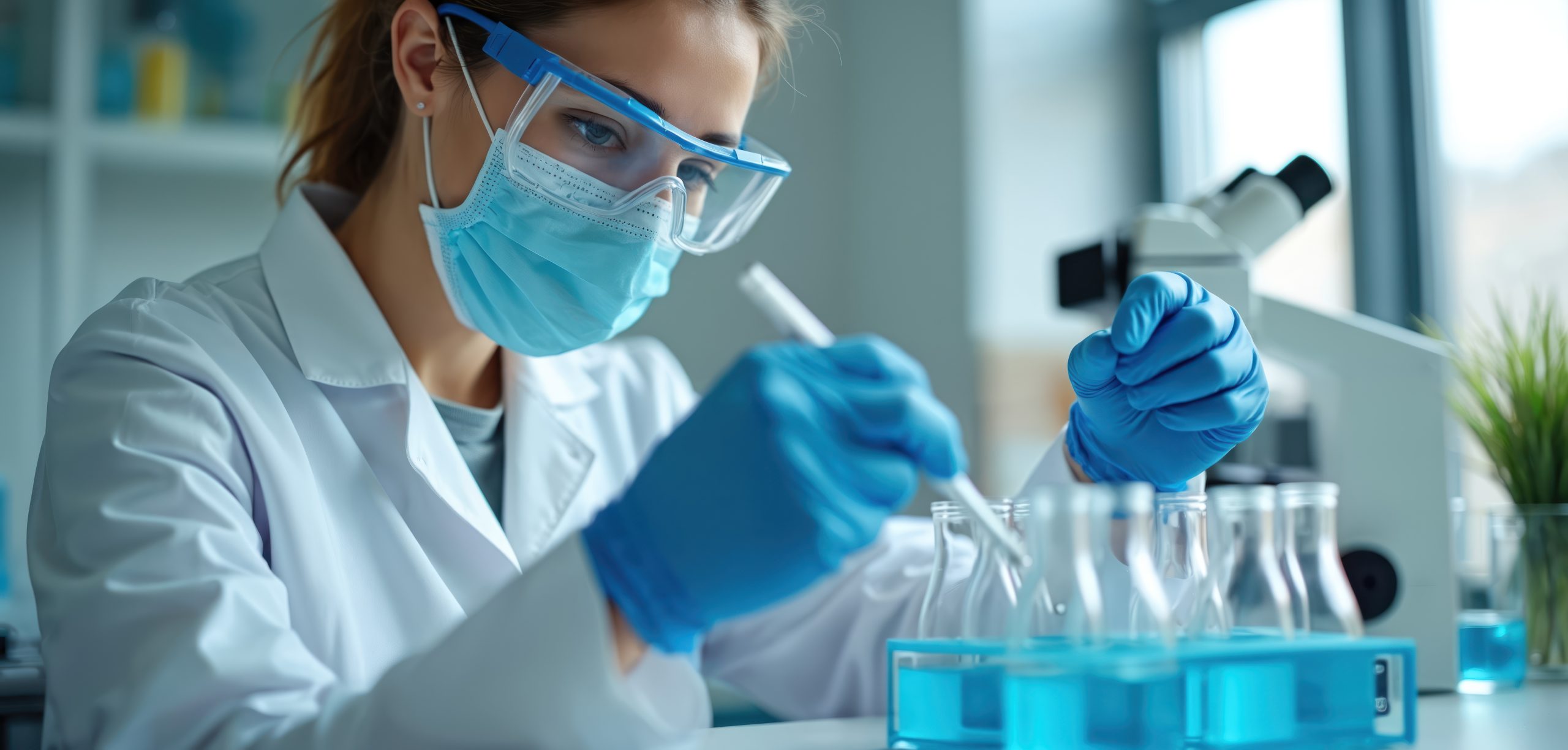 Woman scientist conducts medical research in modern lab. Uses test tubes, pipette, examines chemical liquid. Pro researcher studies experiment for health innovation. Biochemistry. Medical research. Respirator Fit Services Testing Laboratories